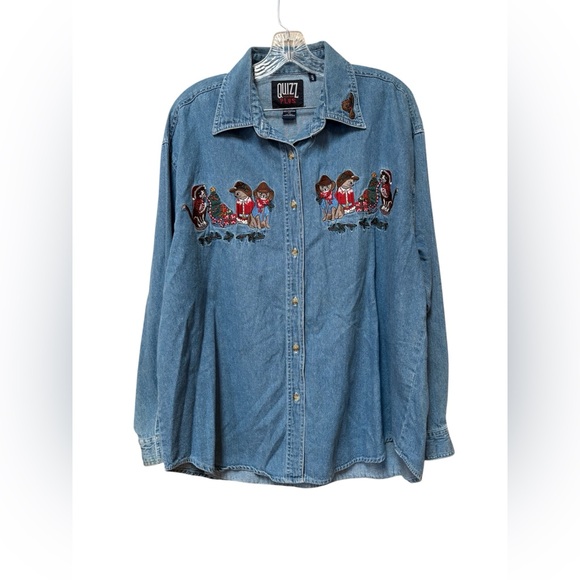 Vintage 90s Denim Shirt – Cats Christmas Embroidery Western Holiday (Size 20) - Picture 1 of 7
